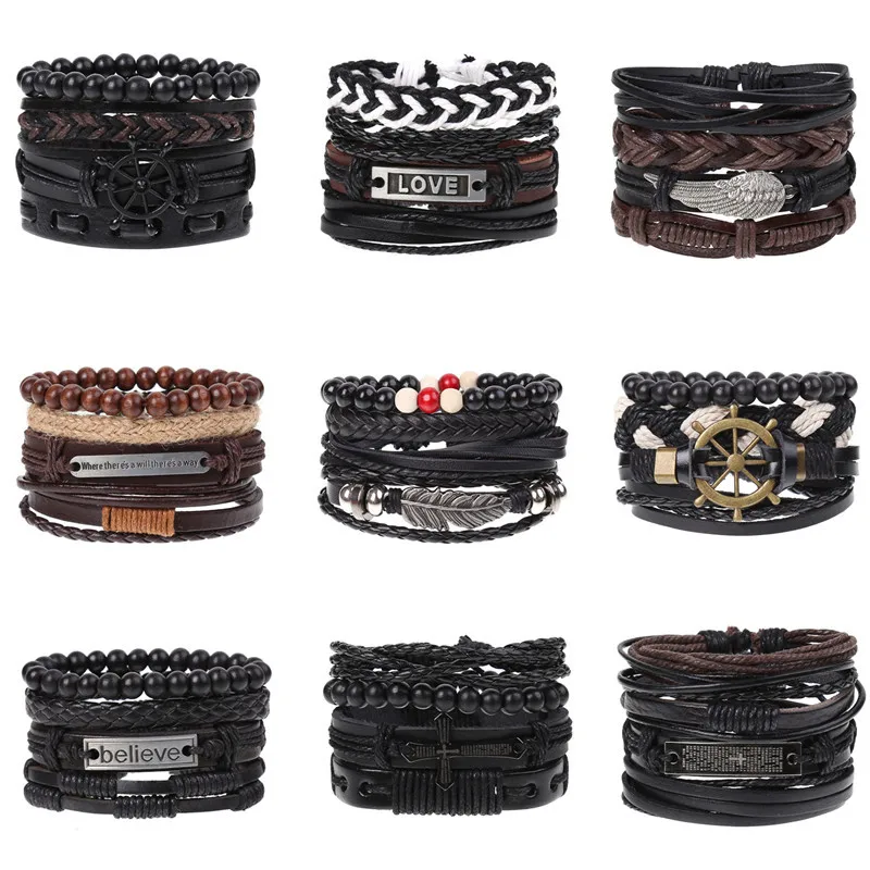 

New vintage woven combination suit cowhide lanyard fashionable diy men's leather bracelet in Europe and America