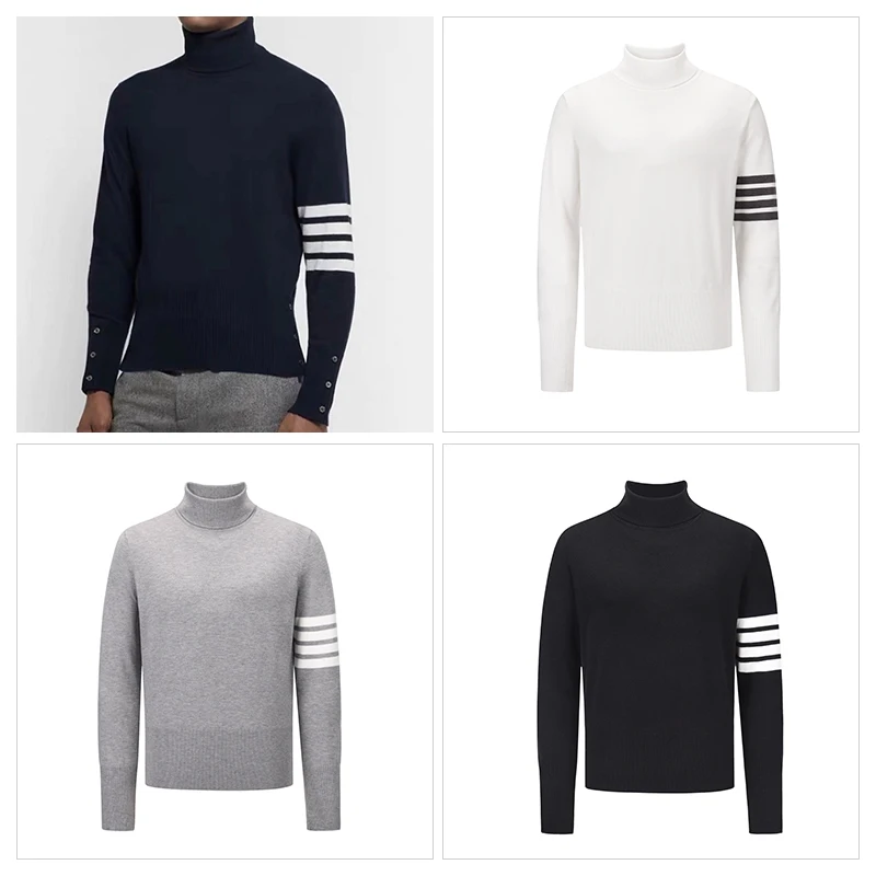 TB THOM Men's Winter Sweater Fashion Brand Tops Striped 4-Bar Knitted Turtleneck Pullover Blouses Slim Casual Sweaters