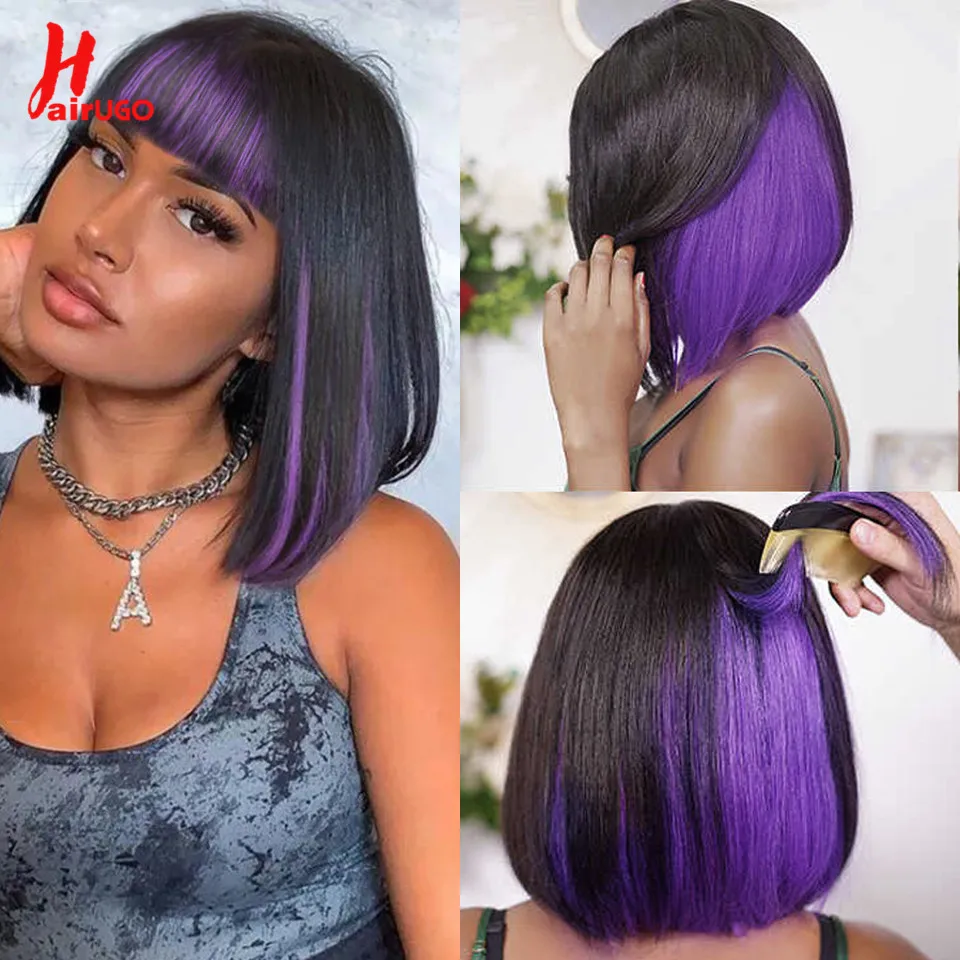 Short Bob Wig With Bangs Mix Purple Straight Highlight Wig For Party