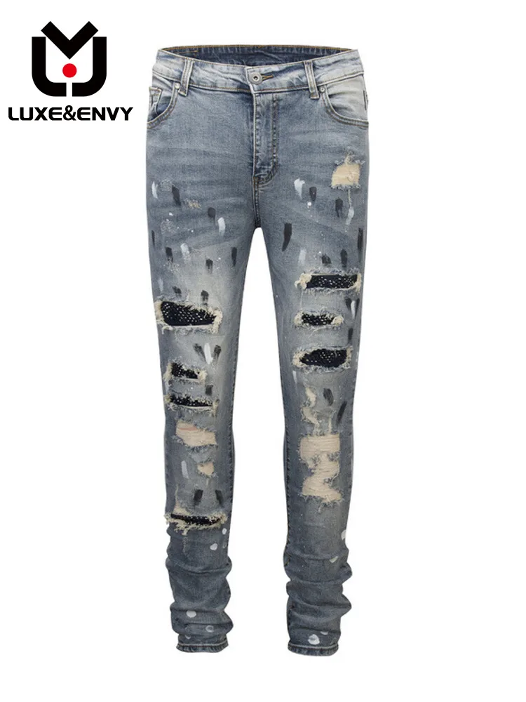 

LUXE&ENVY Wash Hole Patchwork Hot Jeans Spring Summer 2023 New Streetwear Mens Clothing Pantalon Homme