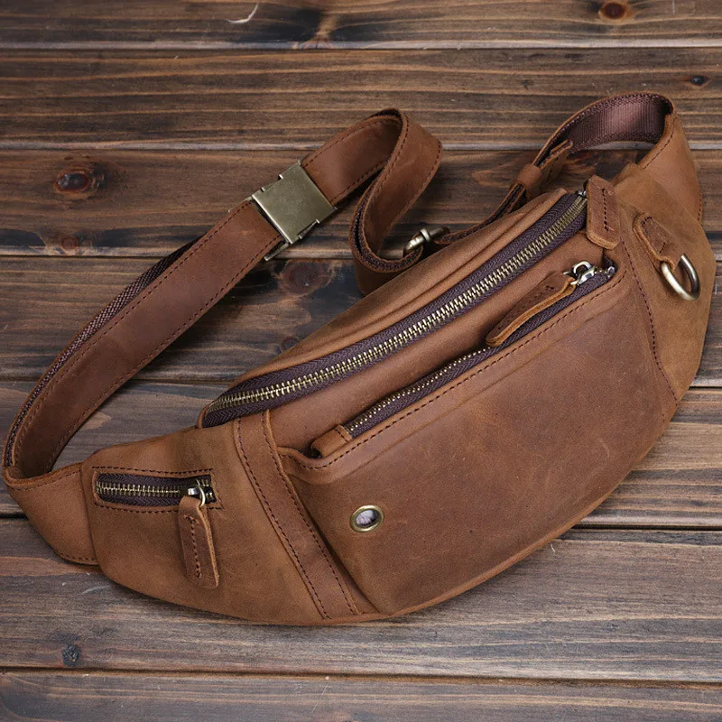 Retro fashion handmade crazy horse cowhide men's chest bag leisure luxury designer youth go out sports summer hot sale pockets