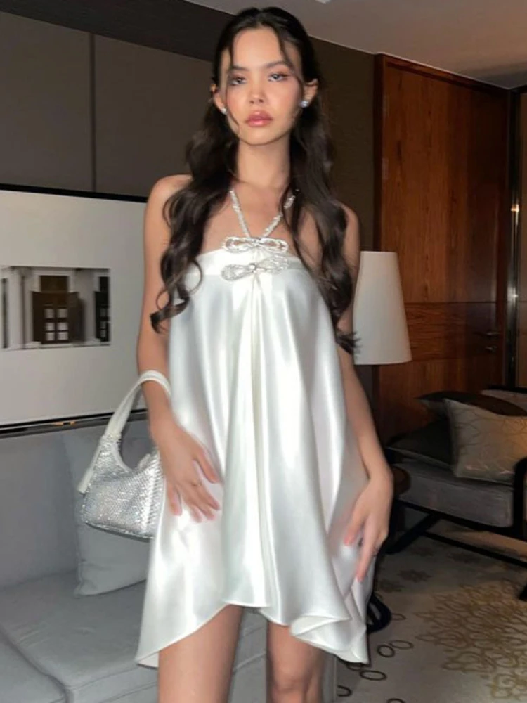 

Sexy Lotus Leaf Skirt Evening Dress Rhinestone Neck-Mounted Backless Mini Dress Summer Women's Club Dinner Party Clothes