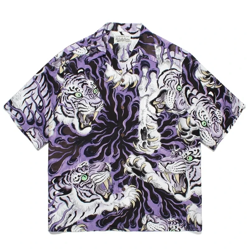 

Hot 2023 Summer WACKO MARIA Men's Short Sleeve Shirts Japanese TIM LEHI Flame Tiger AOP Cuban Collar Hawaiian Casual Tops Trend