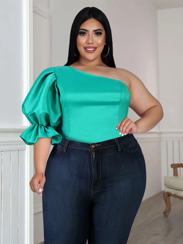 

One Shoulder Shiny Blouses Green Backless Puff Sleeve Top Summer Evening Cocktail Party Shirts Large Size Blouse for Women 2023