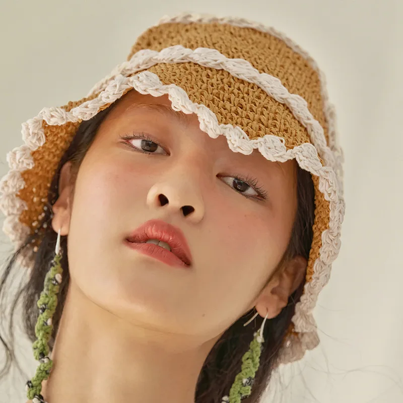 2022 Summer Lace Bucket Hat For Women Outdoor Sunscreen Straw Crochet Straw Hats Foldable Sun Cap Ladies Seaside Beach Caps
