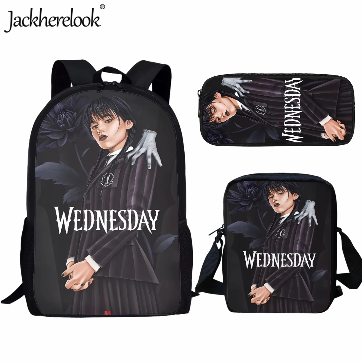 Jackherelook 3pcs/set Teen School Bags Students Casual Travel Backpack Wednesday Addams Print Bookbag Crossbody Bag Pencil Case