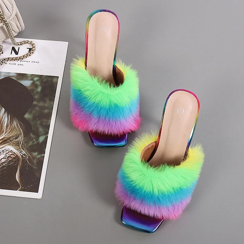 

Summer Woman Pumps Transparent Perspex High Heels Fashion Color Feather Fur Peep Toe Mules Slippers Ladies Slides Shoes Sandals