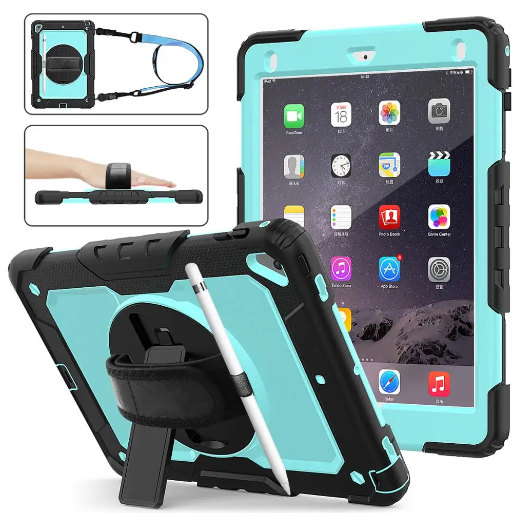 

HXCASE Universal Though Rugged Case for ipad air 2 6th 5th gen pro 9.7 inch 360 Rotation Handstraps case with Bulit-in Kickstand