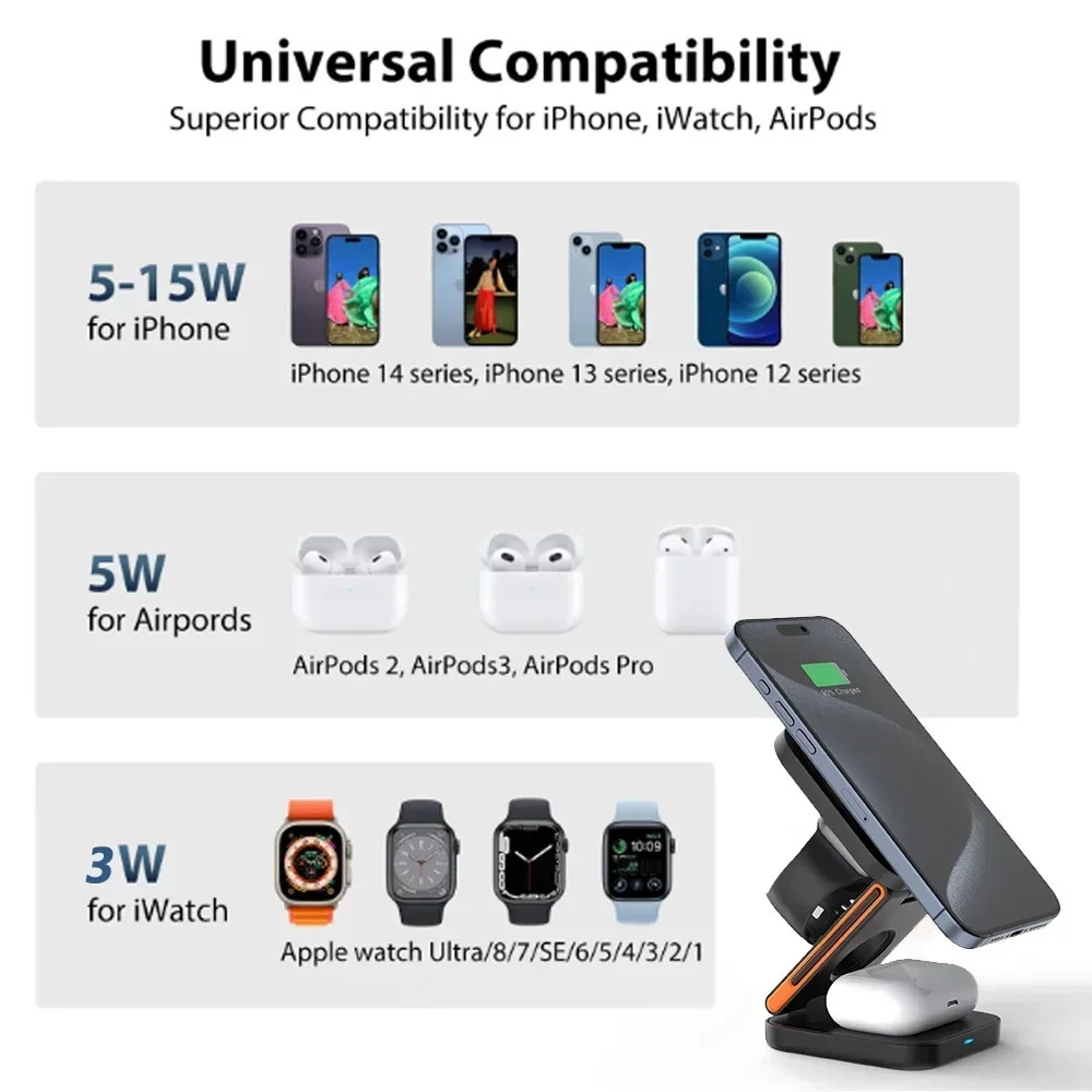 Фото 3 в 1 Складная магнитная Беспроводная зарядная подставка для iPhone 15 14 13 12 Apple Watch AirPods 3/2 док-станция Держатель для быстрой зарядки №5