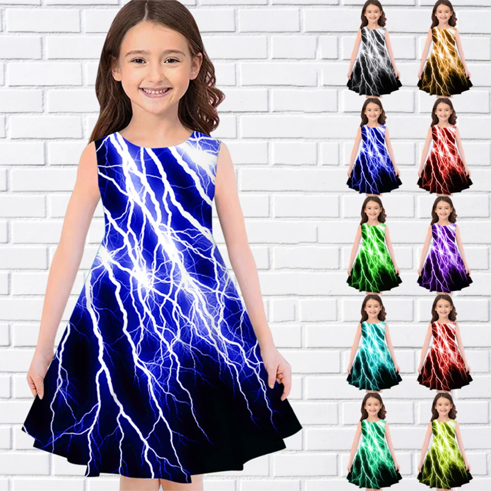 

New Lightning Pattern Print Summer Sleeveless Girl Dress Casual O-Neck Long Dresses Fashion Girls Dresses For Eid Children Dress