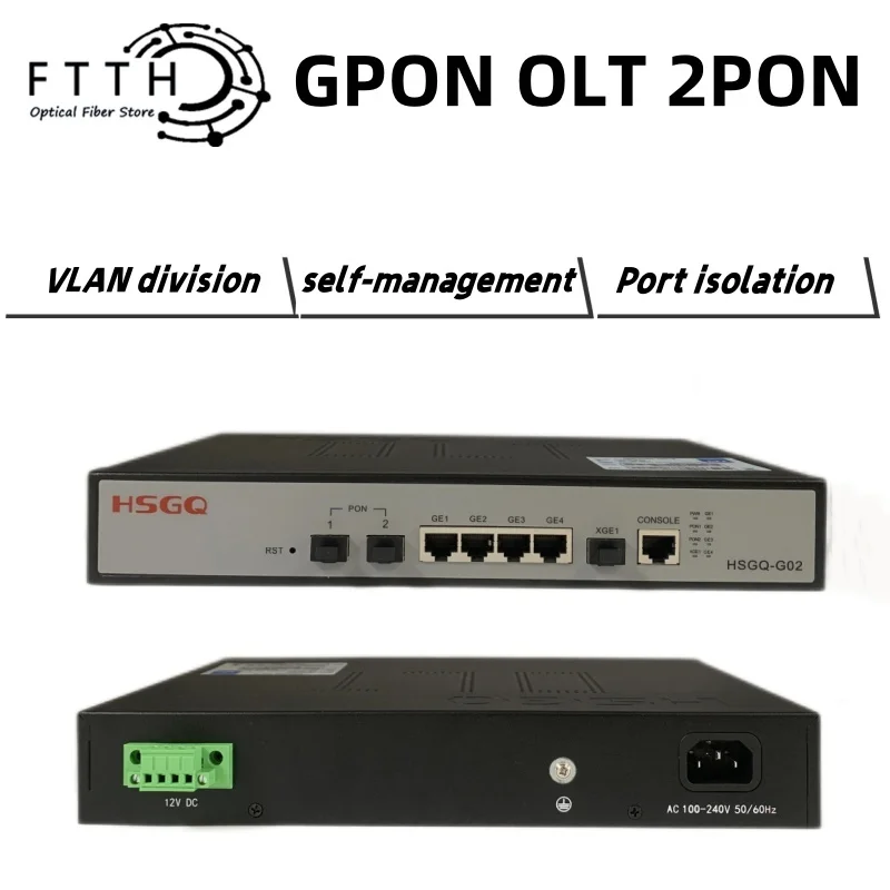 HSGQ GPON OLT 2PON 100-240 В 2-портовый SFP 256 ONU 10G Uplink C+ GBIC переменного тока 12 постоянного