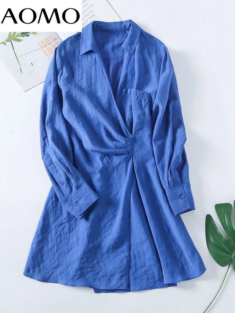 

AOMO 2022 Fashion Women Blue Pleated Shirt Dress Long Sleeve Office Ladies Mini Dress 6H36A
