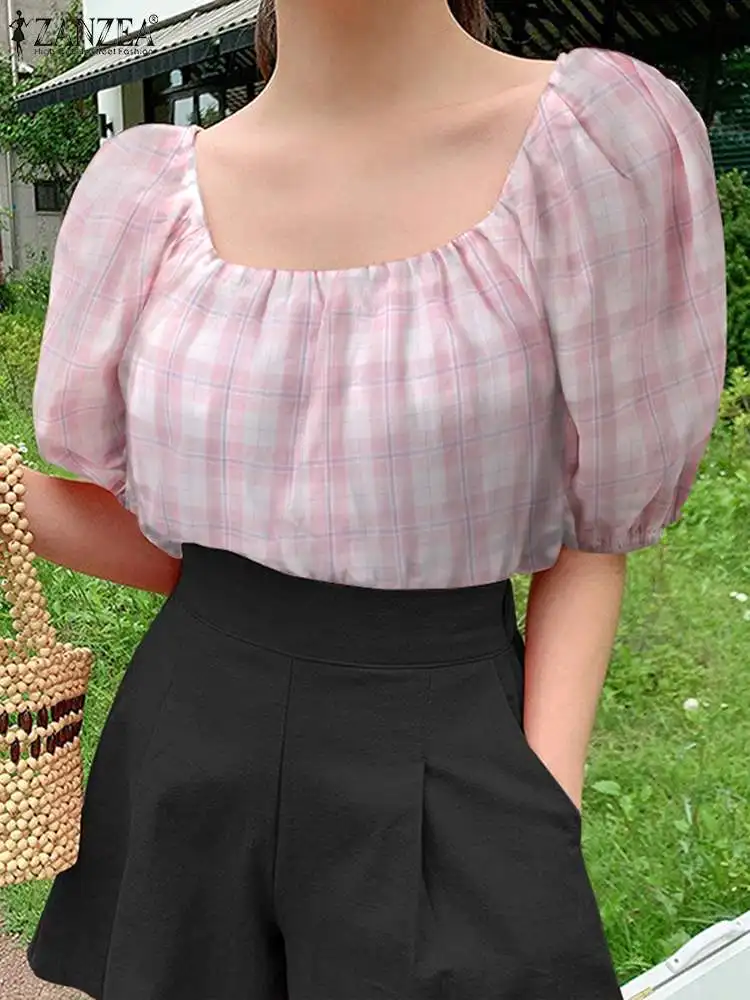 

Повседневная Свободная клетчатая блузка ZANZEA 2022, летняя женская рубашка с квадратным воротником, топы в Корейском стиле с полурукавами-фона...