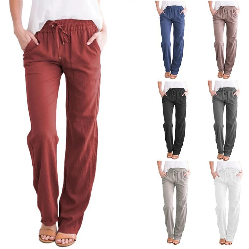 Cotton Linen Pants Women Solid Color Casual Loose Straight High Waist Pants Female Retro Pockets Trousers Lady Casual Pants