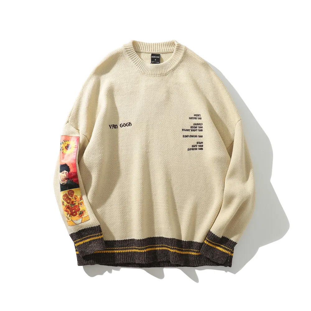 

Mens Casual Streetwear Harajuku Sweater Vintage American Style Character Patch Print Knitted 2023 Cotton Pullover Sweaters Male