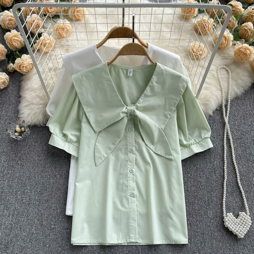 

Summer Korean Doll Collar Lace-up Short Sleeve Shirt French Women New Fashion Sweet Solid Color Tops Blouse Mujer F296