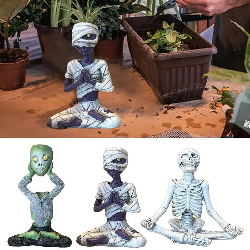 

Halloween Spooky Meditation Skeleton Statue Scary Zombie Mummy Skeleton Decor Weatherproof Yard Decoration for Indoor Outdoor