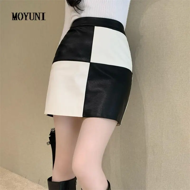 

Sexy A Line Vintage High Waist PU Checkerboard Skirts Mini Contrast Patchwork Fashion Plaid Gothic Y2k Clothes Faldas Jupe