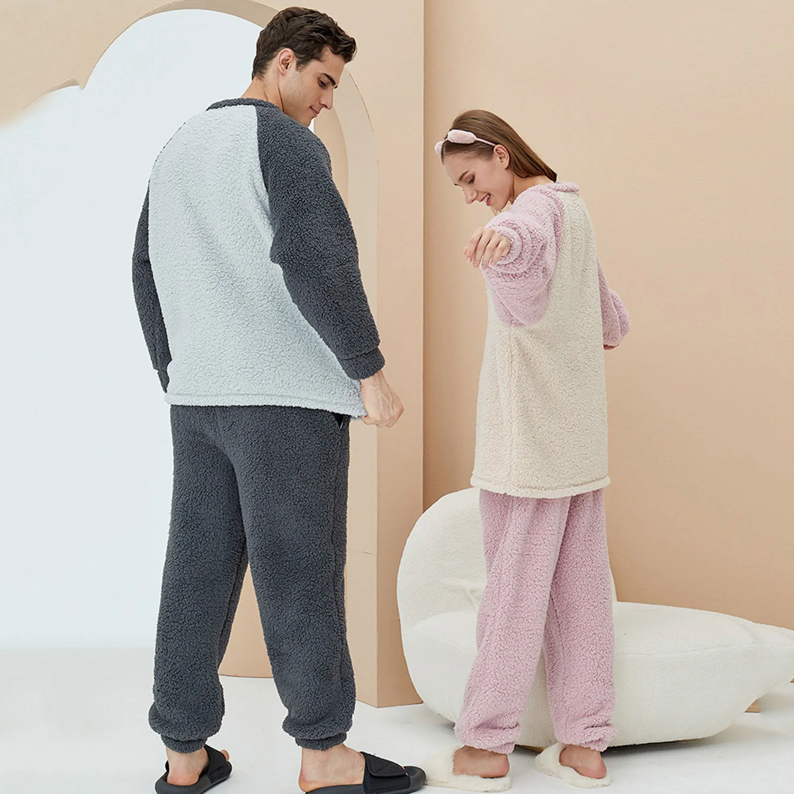 

Couples Winter Thickened Warm Flannel Pajamas Set Women's Patchwork Long Sleeve Cute Loungewear Females Homewear Clothes Suit