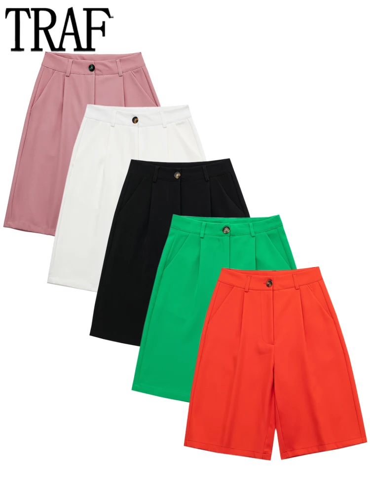 

Брюки женские широкие оранжевые с высокой талией, до колена, с карманами