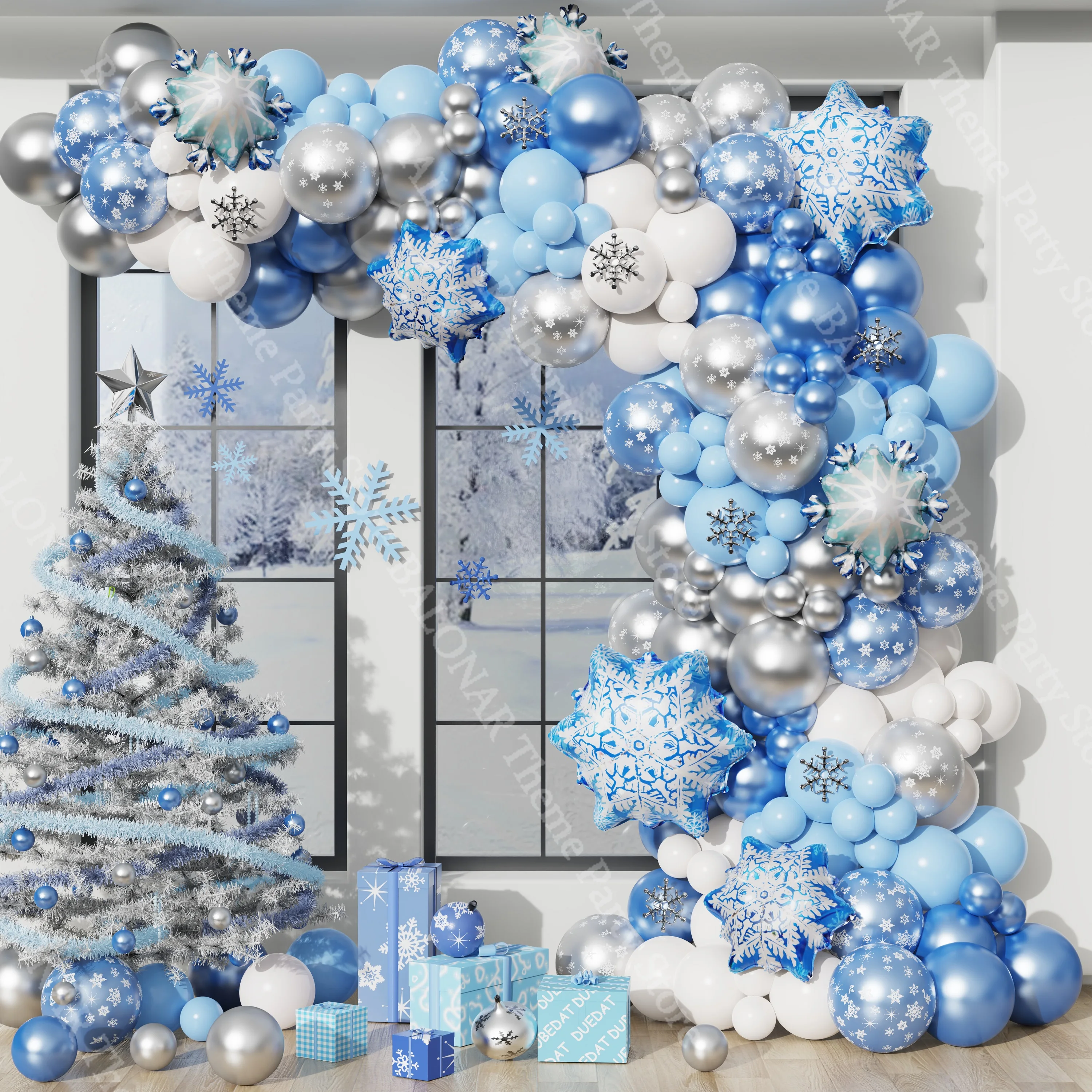 

140pcs Winter Theme Metallic Blue White Snowflake Foil Balloon Garland Frozen New Year Ice Christmas Outdoor Party Decoration Su