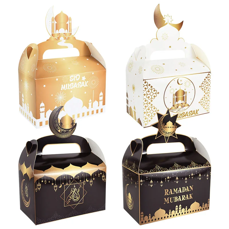 

4pcs Eid Mubarak Candy Bag Gift Box With Handle Ramadan Kareem Paper Packaging Boxes for Eid Al-Fitr Islamic Muslim Party Supply