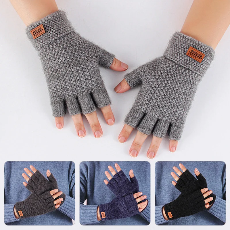 

Men's Half Fingerless Gloves Winter Warm Alpaca Wool Fingerless Knitting Glove Adult Thickening Riding Leaking Fingers Gloves