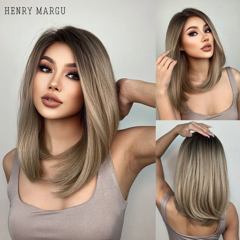 

HENRY MARGU BOB Short Straight Synthetic Lace Wig for Women 13*1 L Part Ombre Blonde Natural Hairline Lace front Wigs Side Part