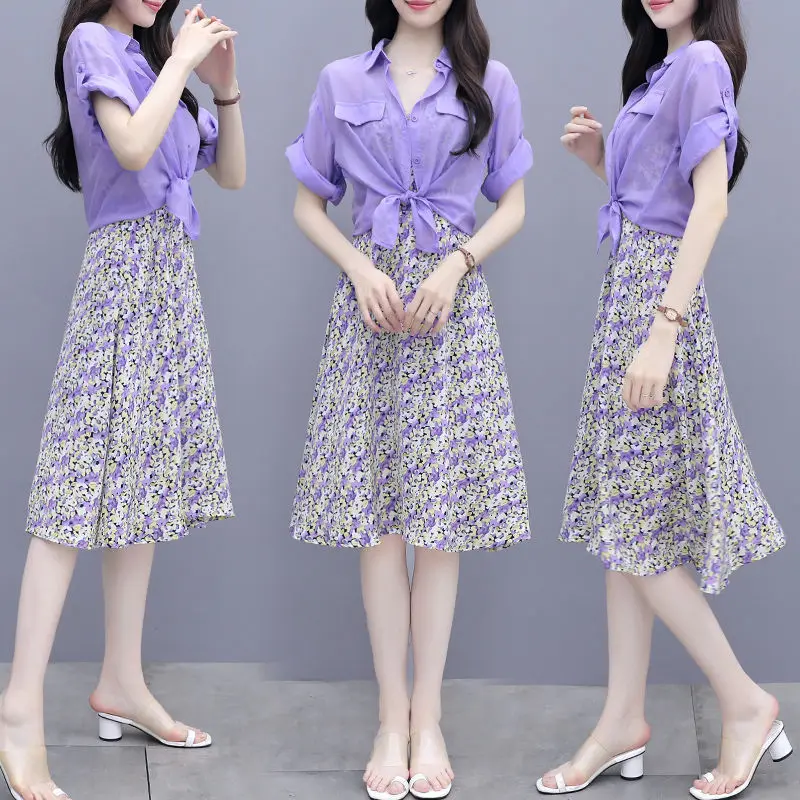 

Женский костюм из двух предметов, шифоновое платье без рукавов с принтом, Бандажное платье в Корейском стиле ретро, лето 2022, E158