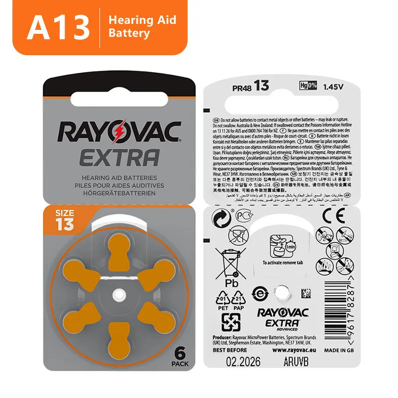Батареи для слухового аппарата A13 13A 13 P13 PR48 Rayovac сверхвысокой производительности