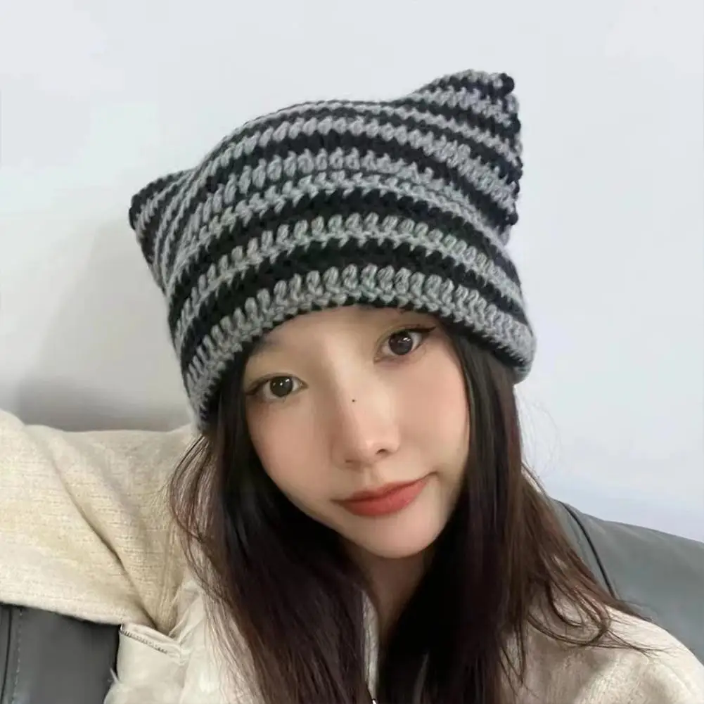 2023 Beanie Hat For Women Little Devil Striped Knitted Wool Cap Autumn And Winter Cute Cat Ears Warmer Bonnet Casual Mens C O0V8 images - 6