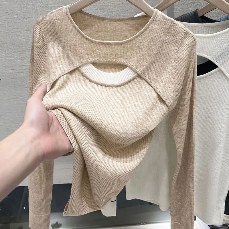 

Women's Blouse Fake 2 Piece Knitted Bottoming Shirt for Autumn Chic Hollow Out Lapel Tops Slim Solid Full Sleeve Basic Blouses