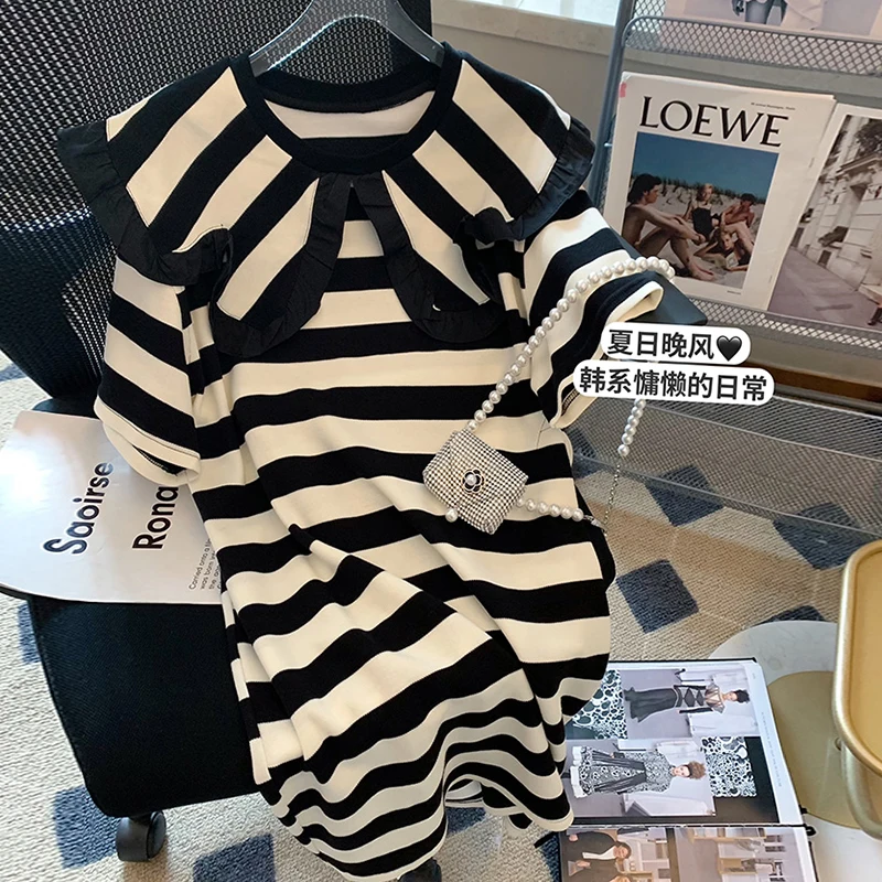 

Женские платья в полоску с круглым воротником и коротким рукавом, свободные женские платья, летние женские платья 2022, черные футболки, мини-...