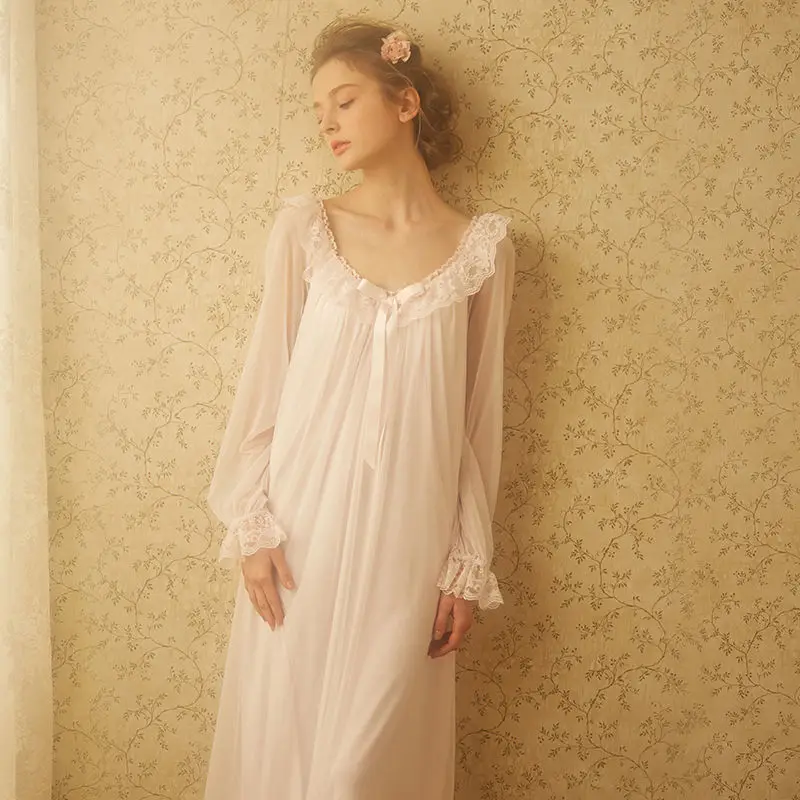 Retro Nightgowns Women Lace Long Sleeve Princess Pajamas French Sexy Nightdress Loungewear Sweet Girls Lovely White Clothing