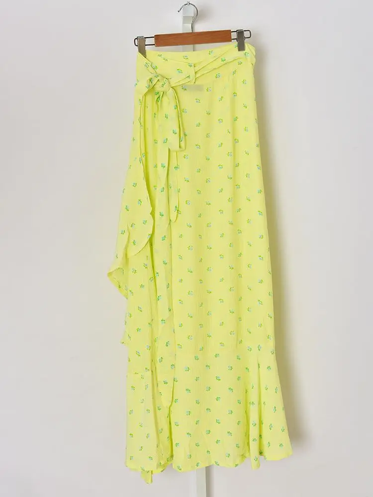 

Женская Асимметричная Юбка-миди с оборками, желтая юбка с цветочным принтом, со шнуровкой, по низкой цене