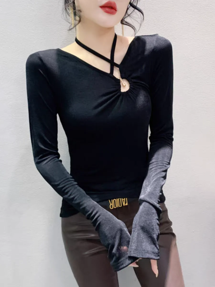 Футболка женская с длинным рукавом ажурный облегающий эластичный Топ