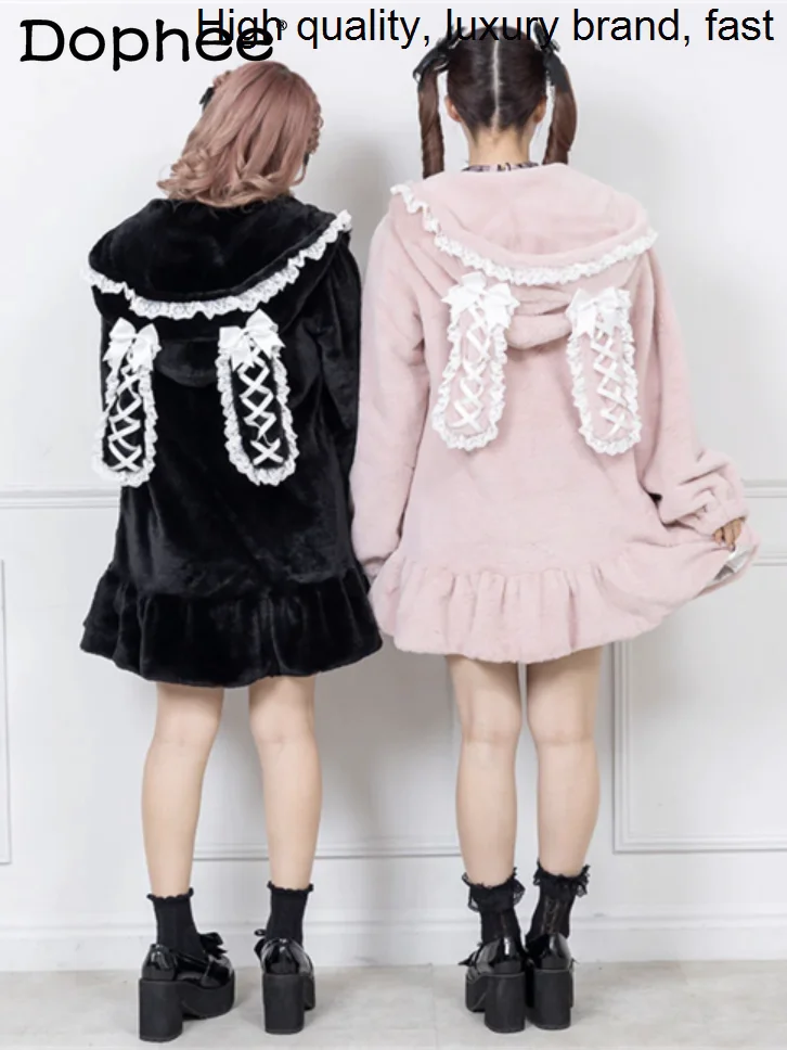 

Милая женская меховая куртка в японском стиле с капюшоном средней длины и длинным рукавом, зимняя одежда