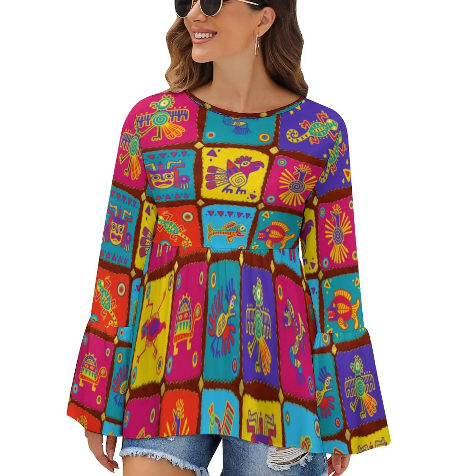 

Colorful Patchwork T-Shirt Mexican Animals Print Elegant Ruffled T-Shirts Female Classic Tshirt Oversized Print Top Tees Gift