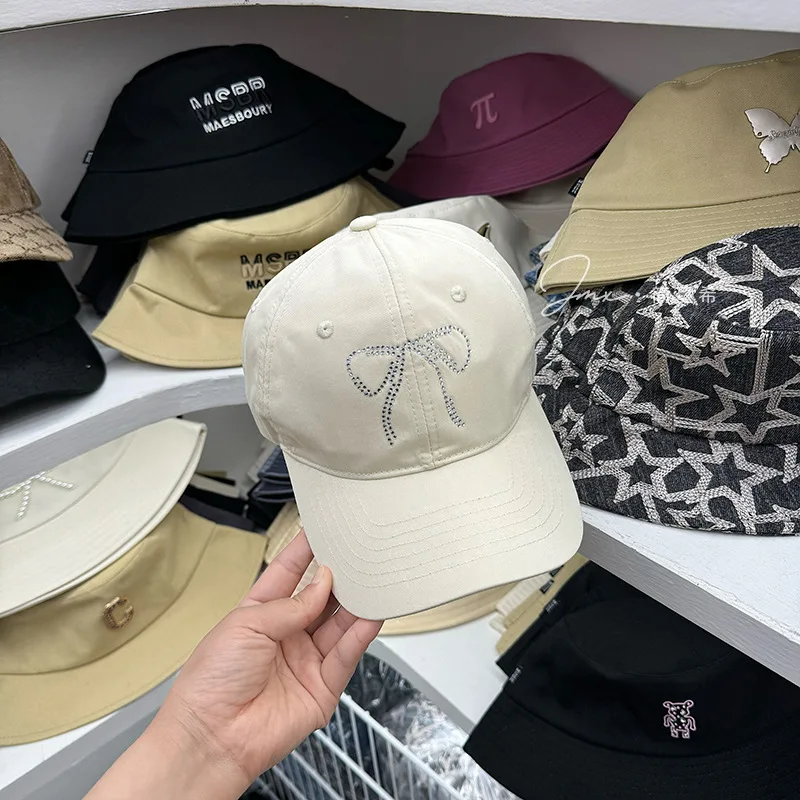 Diamond bow baseball cap children's fashionable long ribbon soft top duckbill Korean version face enhancing small sun sha
