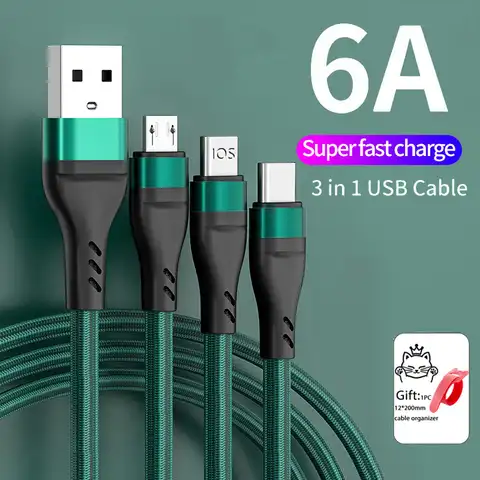 Зарядный кабель 6A 3 в 1, Micro USB Type-C, кабель для быстрой зарядки и передачи данных для iPhone, Samsung, Xiaomi, Huawei
