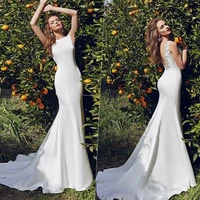 elegant o neck mermaid wedding dress simple sleeveless off the shoulder satin bridal gown backless lace appliques sweep train