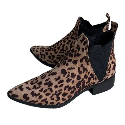 Женские леопардовые ботильоны FHANCHU, коллекция 2023 года, модная обувь из флока, эластичные ботинки без отделки, с острым носком, большие размеры 40, 41, 42, 43, Прямая поставка