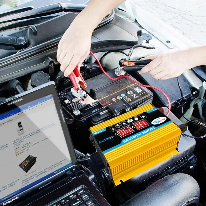 

Автомобильный инвертор с светодиодный вым светодиодным дисплеем, 4000 Вт, от 12 В до 220 В, автомобильный преобразователь напряжения с двойным USB дисплеем напряжения, модифицированный автомобильный инвертор синусоидальной волны