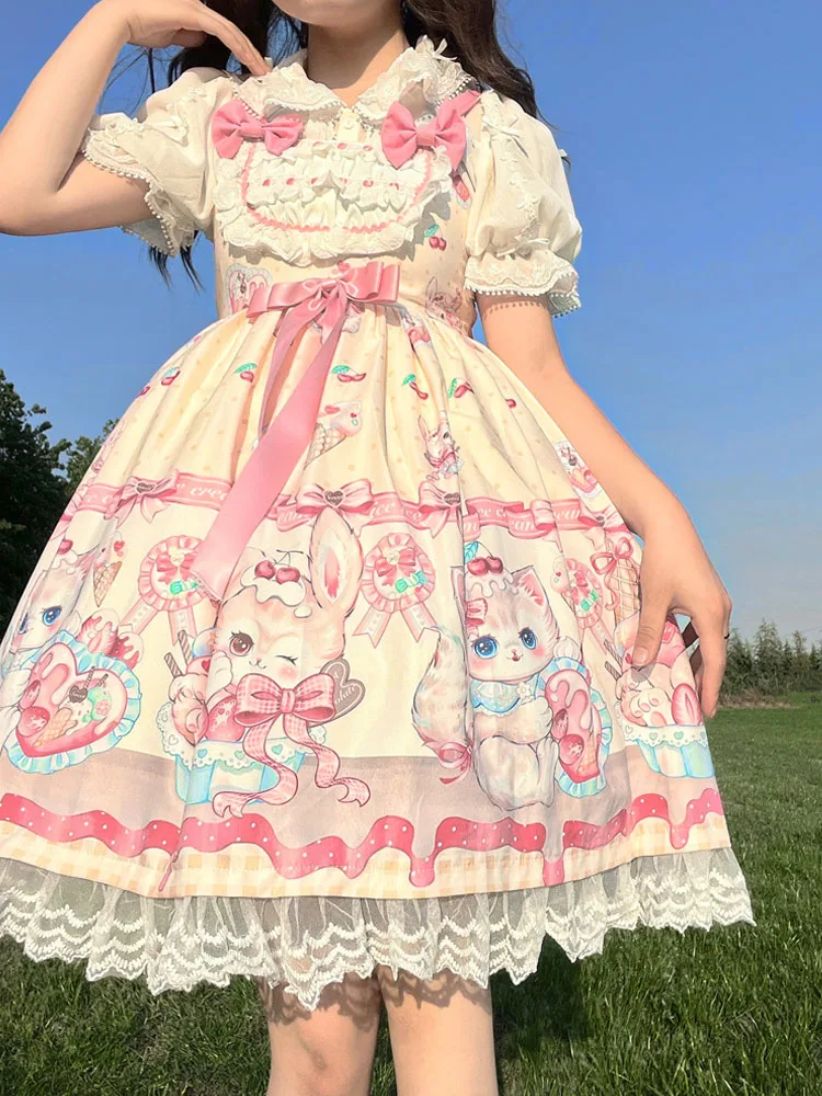 

KIMOKOKM Lovely Lolita Princess JSK Strawberry Dress Square Collar Bow Ruffles Sleeveless Lace Sweet Cosplay Camisole Dress