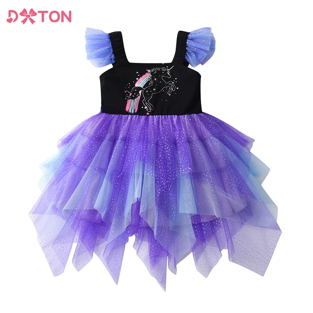 

DXTON Suspender Dress for Girl Kids Summer Flare Sleeve Vestidos Children Tutu Layered Princess Birthday Party Evening Prom Gown