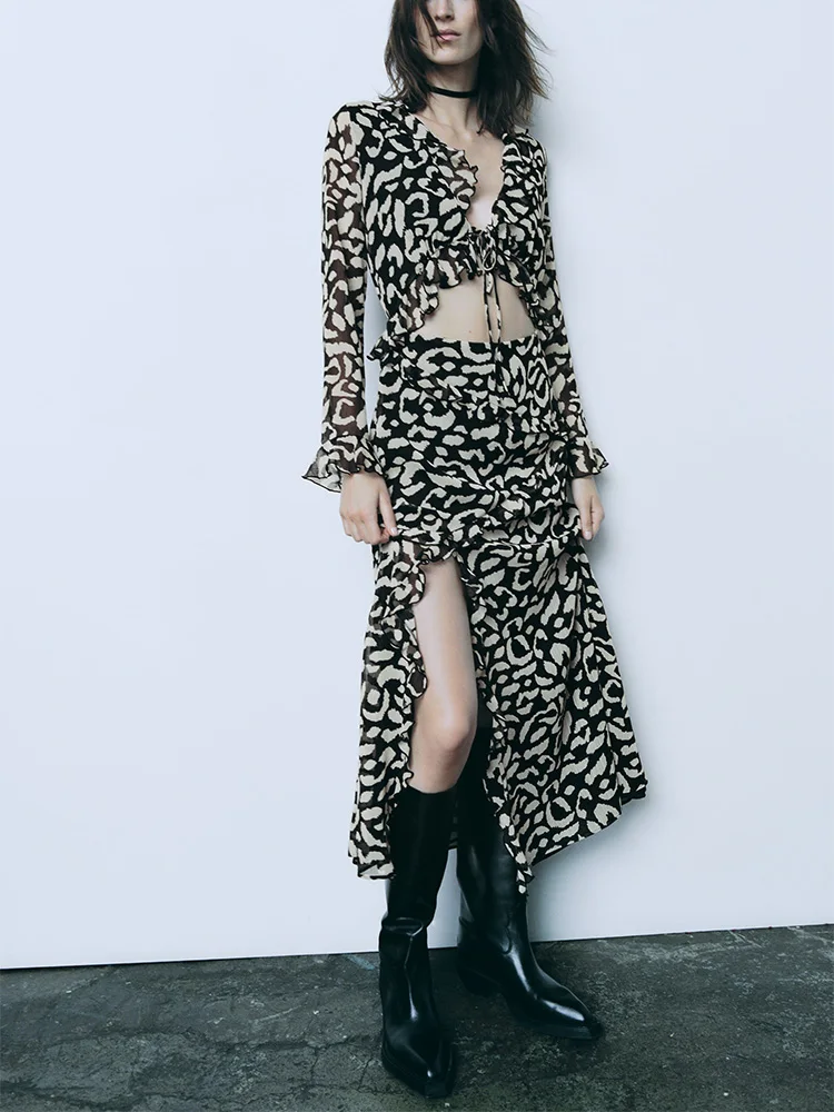 

Длинные платья для женщин 2023 с длинным рукавом, отделкой рюшами, платье с животным принтом, V-образный вырез, галстук, сексуальный вырез, разрез сбоку, шифоновое платье макси