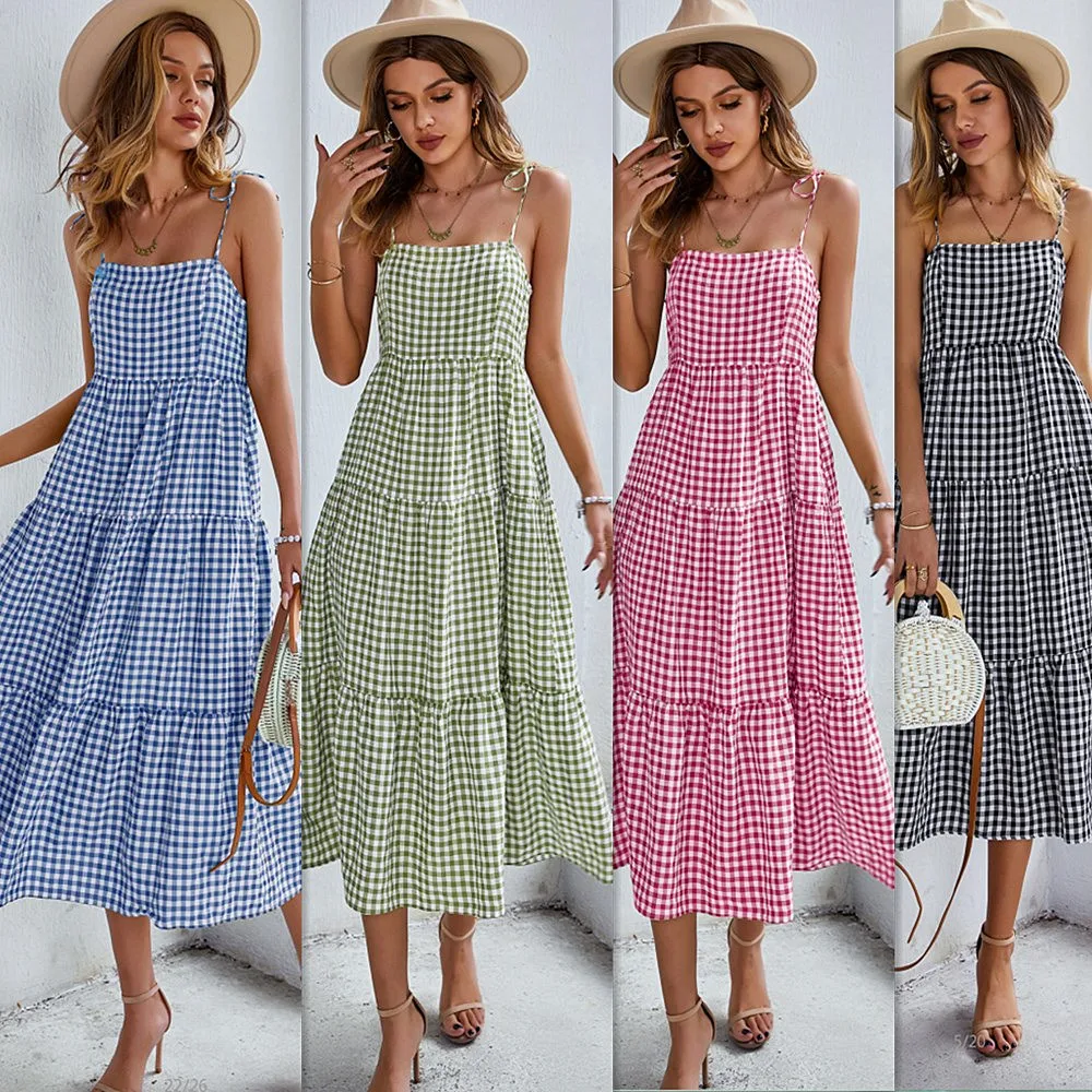 

XIKOI Women Sexy Spaghetti Straps Sundress Bohemian Retro Plaid Holiday Maxi Dress Sleeveless Casual Robe Longue Popular Vestido