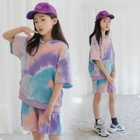 summer kids clothes set short sleeve hooded t shirt shorts two pieces tie dye school girls outfits autumn casual child tracksuit