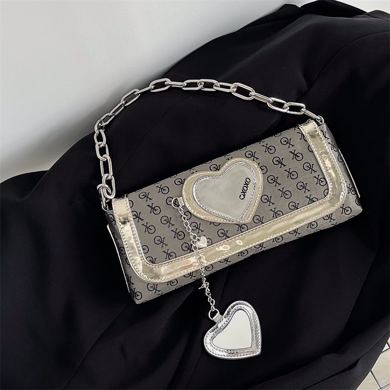 

Women's Underarm Bag Yk2 Cool Girls Chain Heart Mirror Shoulder Bags Retro Design Female Small Punk Messenger Bag Purse Handbags