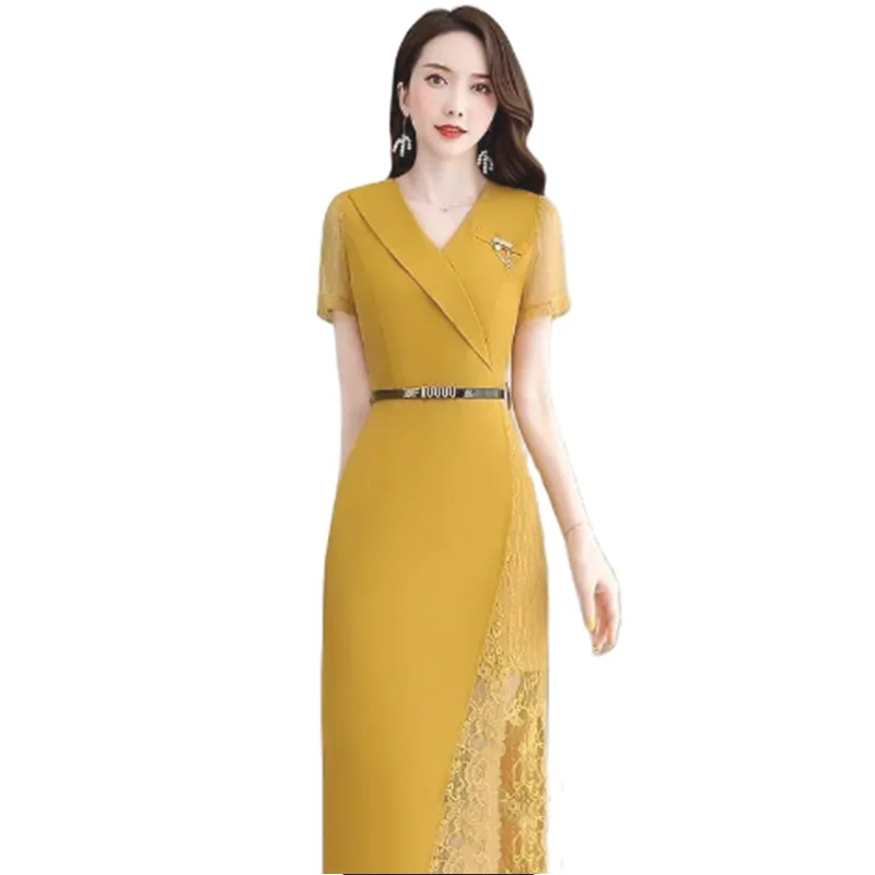 

Summer Mid-Long Dress Women 2023 New Fashion Elegant Lace Dresses Pure Colour Short Sleeve V-Neck Top Waistband Tops Female